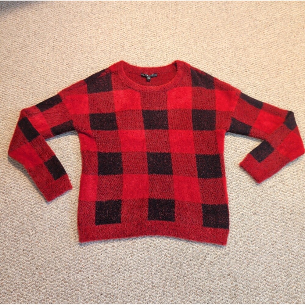 Cyrus Buffalo Plaid Sweater Womens XS Red Black Fuzzy Soft Cozy
